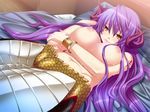  bed blush bracelet breasts fang game_cg horns jewels lamia large_breasts long_hair looking_at_viewer lying monster_girl mound_of_venus naaja navel nipples no_bra nude on_back oppai pillow princess_x purple_hair solo topless yellow_eyes 