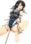  arms_behind_back bare_legs barefoot bdsm black_hair blush bondage competition_swimsuit erect_nipples eyes_closed feet fism high_res mizugi murakami_suigun navel on_back one-piece_swimsuit open_mouth oppai original pole restrained shibari simple_background solo spread_legs tears vaginal_insertion 