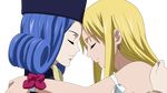  blonde blue_hair curly_hair eyes_closed fairy_tail fur_hat hug juvia_loxar lucy_heartphilia smile transparent_png vector_trace 