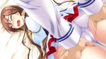  angry ass_grab bed blush brown_hair cameltoe earrings green_eyes jewelry long_hair pantsu school_girl skirt_lift tagme white_panties wince 