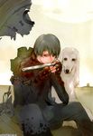  animal armor black_hair clock dog green_eyes green_hair harmonica male okazaki_takeshi short_hair 