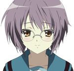  blush megane nagato_yuki purple_hair school_uniform short_hair smile solo suzumiya_haruhi_no_shoushitsu suzumiya_haruhi_no_yuuutsu transparent_png vector_trace yellow_eyes 