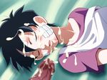  bandaid black_hair blood blush censored cum_in_mouth cum_on_clothes cum_on_hair dragon_ball_gt dragon_ball_z drooling eyes_closed facial lying lying_on_back open_mouth penis saliva semen short_hair sweat videl wound z 
