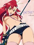  belt bikini_top erect_nipples ez-nerg fingerless_gloves gun hair_pin mameshiba_(artist) navel open_mouth oppai red_hair scarf shorts skull_pin sniper thighhighs yellow_eyes yoko_littner 