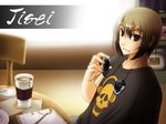  brown_eyes brown_hair coffee drinks headphones jisei male sakevisual sitting skull_(symbol) solo 