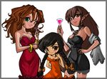  3girls bleedman bracelet brown_eyes brown_hair dark_skin dress green_eyes loli long_hair oppai pointed_ears red_hair smile tanned vine 