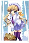  absurdres adjusting_clothes adjusting_hat bag blonde_hair blue_eyes copyright_request hat highres mitha necktie purple_legwear school_uniform thighhighs zettai_ryouiki 