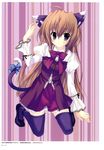  absurdres ahoge animal_ears brown_hair cat_ears cat_tail copyright_request dress highres kneeling mitha purple_eyes purple_legwear ribbon solo striped striped_background tail tail_ribbon thighhighs 
