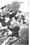  battle boots bunny_tail clone comic cqc doujinshi fingerless_gloves gloves greyscale gun highres imizu_(nitro_unknown) konpaku_youmu long_hair monochrome multiple_girls pointy_ears reisen_udongein_inaba sweat sword tail touhou veins weapon 