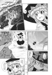  2girls aozora_market apron bow braid broom broom_riding comic doujinshi forest greyscale hat hat_bow highres hong_meiling kirisame_marisa long_hair monochrome multiple_girls nature ribbon scan scarlet_devil_mansion touhou tower translated tree witch_hat 