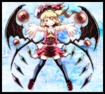  alternate_wings armpits ascot black_legwear blonde_hair eyes fangs flandre_scarlet foreshortening grin hat hat_removed headwear_removed highres incoming_hug mary_janes outstretched_arms red_eyes sd-sos shoes short_hair side_ponytail skirt sleeveless smile solo teeth thighhighs touhou wings zettai_ryouiki 