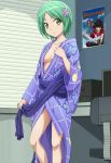  1girl green_hair highres japanese_clothes kimono mangaka-san_to_assistant-san_to minano_matome screencap stitched third-party_edit yellow_eyes yukata 