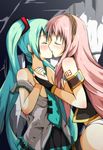  2girls aqua_hair bare_shoulders belt blush eyes_closed hatsune_miku kiss long_hair megurine_luka multiple_girls necktie pantsu pink_hair pleated_skirt skirt twin_tails undressing vocaloid white_pantsu wrist_grab yuri 