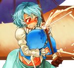  1girl belly blue_hair breasts clenched_teeth confused cross_eyed drolling erect_nipples lactation large_breasts milk milk_squirt oppai red_eyes saliva short_hair solo tagme umbrella 