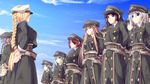  10girls arms_behind_back belt black_hair breasts coat eyepatch green_hair hat large_breasts military navy oppai pettanko ponytail purple_hair red_hair silver_hair sky smile smug soukai_no_valkyria_kokou_no_oujo_lutia submarine tagme uniform 