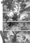  bat_wings boots bridal_gauntlets combat_boots comic cross-laced_footwear doujinshi fire greyscale highres imizu_(nitro_unknown) lace-up_boots library monochrome pantyhose remilia_scarlet touhou vampire voile wings 