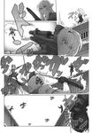  battle boots comic doujinshi greyscale gun highres imizu_(nitro_unknown) konpaku_youmu konpaku_youmu_(ghost) monochrome multiple_girls pointy_ears reisen_udongein_inaba sword touhou weapon 