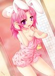  animal_ears bath born_to_die oppai pink_hair purple_eyes short_hair shower towel usamimi 