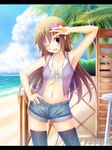  ;d arm_up armpits bad_id bad_pixiv_id bangs beach black_legwear blue_eyes blush borrowed_character brown_hair cloud cloudy_sky collarbone cowboy_shot day denim denim_shorts eyebrows_visible_through_hair front-tie_top hair_ornament hand_on_hip highres horizon ichiroku letterboxed long_hair looking_at_viewer navel ocean one_eye_closed open_fly open_mouth original outdoors see-through shiny shiny_skin shirt short_shorts shorts skindentation sky smile solo takamine_kokone thighhighs tied_shirt unbuttoned unzipped v water 