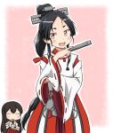  2girls aircraft_catapult akagi_(kantai_collection) bangs black_hair brown_hair chopsticks cup_ramen forehead hakama high_ponytail highres hikimayu holding holding_chopsticks japanese_clothes kantai_collection long_hair multi-tied_hair multiple_girls nisshin_(kantai_collection) nissin object_namesake parted_bangs red_hakama red_ribbon ribbon ribbon-trimmed_sleeves ribbon_trim short_eyebrows sidelocks solo_focus suikan thick_eyebrows tsukemon very_long_hair wide_sleeves 