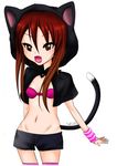  animal_ears animal_hat brown_eyes brown_hair cat_ears cat_hat cat_tail fang happy hat hips midriff open_mouth solo tail tangerinetabby 