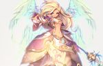 armor blonde blue_eyes dragon_saga feathers fingerless_gloves gem long_hair midriff navel pointing shitapai solo staff weapon white_gloves white_wings wings 