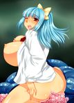  1girl blue_hair bottomless breast_slip breasts huge_breasts impregnation long_hair open_mouth open_shirt oppai plump raep red_eyes sex sitting tentacles vaginal wince wink 