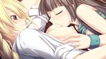  2girls areolae bite black_hair blonde breast_feeding breast_grab breast_squeeze breast_sucking breasts erect_nipples frown game_cg happy large_breasts military navy nipple_bite nipples no_bra open_shirt oppai pink_eyes smile smug submarine tagme yuri 