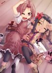  2girls black_hair books born_to_die brown_eyes brown_hair dark_skin dress elf flower loli short_hair tanned yellow_eyes 