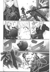  battle boots chinese comic doujinshi explosion explosive eyelashes grenade greyscale grin highres imizu_(nitro_unknown) konpaku_youmu monochrome multiple_girls necktie pointy_ears reisen_udongein_inaba skirt smile sword thighhighs touhou weapon wide-eyed zettai_ryouiki 