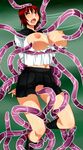  1girl areolae belly blush breast_poke breasts crotch_rub erect_nipples green_eyes huge_breasts nipples open_mouth oppai red_hair restrained scared school_uniform semen short_hair skirt slime tagme tentacles torn_clothes uniform vagina wince 