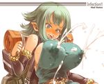  ! 1girl back_pack backpack bag bare_shoulders belt blue_eyes blue_hair blush bracelet breast_inflation breasts character_request clenched_teeth confused cross_eyed drooling erect_nipples female gloves green_eyes green_hair huge_breasts inflation jewelry lactation milk milk_squirt open_mouth pointy_ears randosel sachito short_hair side_boob sideboob solo 