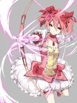  bad_id bad_pixiv_id bow bow_(weapon) choker dress frills gem gloves hair_ribbon hajime_kaname highres kaname_madoka magical_girl mahou_shoujo_madoka_magica pink_eyes pink_hair pointing ribbon short_hair short_twintails smile solo twintails weapon white_gloves 