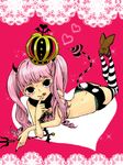  1girl absurdres choco---mint choco-mint crown demon_girl demon_tail devil female full_body halloween heart highres horns lace lying nail_polish on_stomach one_piece perona pink_background pink_hair solo striped striped_legwear tail thighhighs twintails valentine 