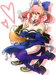  animal_ears bare_shoulders bow breasts cleavage detached_sleeves fate/extra fate_(series) fox_ears fox_tail hair_bow highres japanese_clothes kamiya_ryuu large_breasts open_mouth pink_hair sandals smile solo tail tamamo_(fate)_(all) tamamo_no_mae_(fate) thighhighs twintails yellow_eyes 