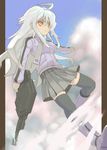  ahoge bad_id bad_pixiv_id black_legwear day gun long_hair red_eyes silver_hair sky solo suguri suguri_(character) teke_(exploration) thighhighs weapon zettai_ryouiki zipper 