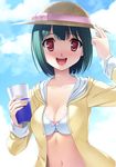  absurdres bad_id bad_pixiv_id bikini blush breasts cleavage cloud cup day green_hair hat highres idolmaster idolmaster_(classic) jacket medium_breasts midriff mole mole_under_mouth navel open_mouth otonashi_kotori red_eyes sky smile solo swimsuit totokichi 