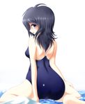  7ban ass black_hair blue_eyes blue_swimsuit blush from_behind huge_ass looking_back one-piece_swimsuit original parted_lips sitting solo swimsuit wariza wide_hips 