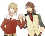  barnaby_brooks_jr belt blonde_hair bracelet brown_hair closed_eyes facial_hair fist_bump glasses green_eyes jacket jewelry kaburagi_t_kotetsu male_focus multiple_boys necklace necktie oto_(phenomenon) red_jacket stubble studded_belt tiger_&amp;_bunny vest waistcoat watch wristwatch 