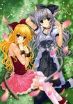  absurdres animal_ears black_legwear blonde_hair bow cat_ears cat_tail cherry_blossoms copyright_request dappled_sunlight dress grass grey_eyes grey_hair hair_bow highres lying multiple_girls nishimata_aoi pink_legwear sunlight tail thighhighs yellow_eyes 