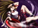  alcohol blonde_hair cup highres horn hoshiguma_yuugi konowa long_hair red_eyes sakazuki sake smile solo touhou 