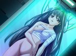  1girl areolae bandages black_hair bottomless capsule curvaceous erect_nipples long_hair nipples open_mouth oppai red_eyes smile solo wide_hisps 