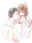  1girl armpit_licking bad_id bad_pixiv_id black_hair blue_eyes blush brown_hair couple hetero licking lingerie makise_kurisu mizuki_riko navel okabe_rintarou open_clothes open_shirt shirt steins;gate underwear 