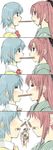  4koma blonde_hair blue_hair comic drill_hair food highres kamexmusi mahou_shoujo_madoka_magica miki_sayaka multiple_girls parody pocky pocky_kiss red_hair sakura_kyouko shared_food shouryuuken street_fighter thighhighs tomoe_mami uppercut 