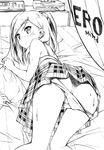  absurdres ass bed blush bra greyscale highres kantoku lingerie looking_back monochrome nose_blush original panties panty_pull plaid plaid_skirt pleated_skirt scrunchie shizuku_(kantoku) skirt solo tissue_box top-down_bottom-up underwear 