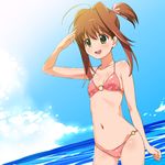  :d a1 absurdres antenna_hair bikini blush body_blush breasts brown_hair cleavage cloud day dutch_angle flat_chest green_eyes highres jewelpet_(series) jewelpet_twinkle navel o-ring o-ring_bottom o-ring_top ocean open_mouth sakura_akari shading_eyes side_ponytail sky small_breasts smile solo swimsuit water 
