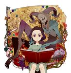  1girl black_hair book dress faun flower food fruit grapes horns ofelia open_book pale_man pan's_labyrinth rakuchii_(rurituvo) short_hair sitting vial 