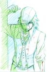  arm_up bleeding blood blood_on_face bloody_clothes cabbie_hat colored_pencil_(medium) facial_hair hat hat_over_one_eye kaburagi_t_kotetsu male_focus necktie nishida_asako solo stubble tiger_&amp;_bunny traditional_media vest 
