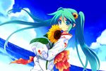  aqua_hair blue_eyes cloud day flower hatsune_miku japanese_clothes kimono long_hair miyu_(matsunohara) ocean sky solo sunflower twintails very_long_hair vocaloid water 