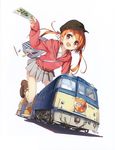  :d absurdres bag blush boots brown_hair eraser ground_vehicle happy hat highres holding kantoku looking_at_viewer notebook on_vehicle open_mouth original pen pleated_skirt red_eyes ruler skirt smile solo ticket train twintails 